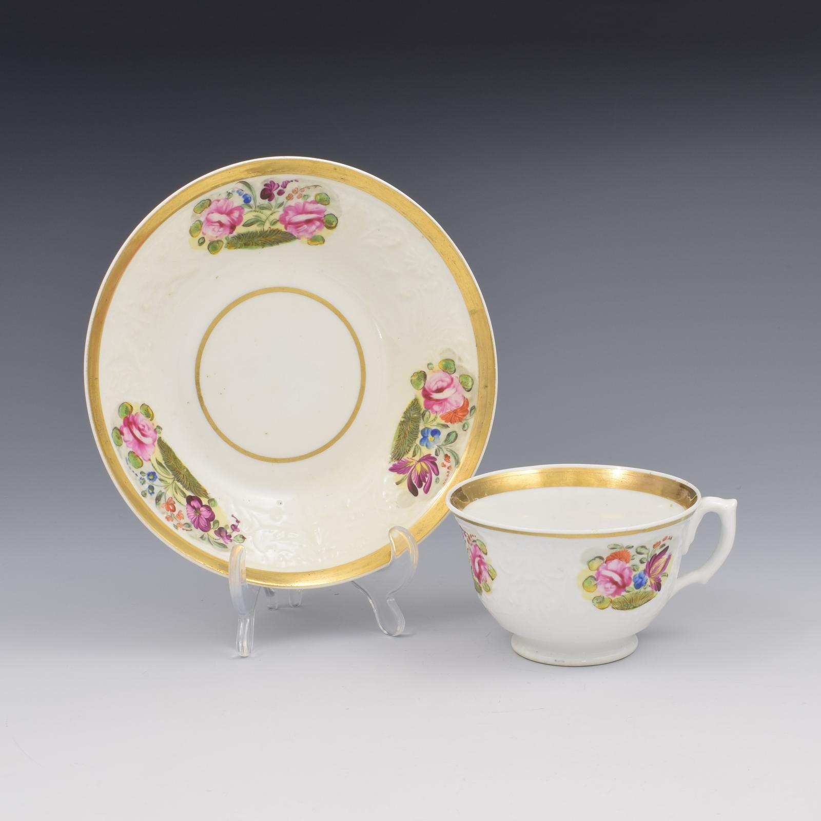 Pretty New Hall Porcelain Press Moulded Cup & Saucer c.1825 (1 of 8)