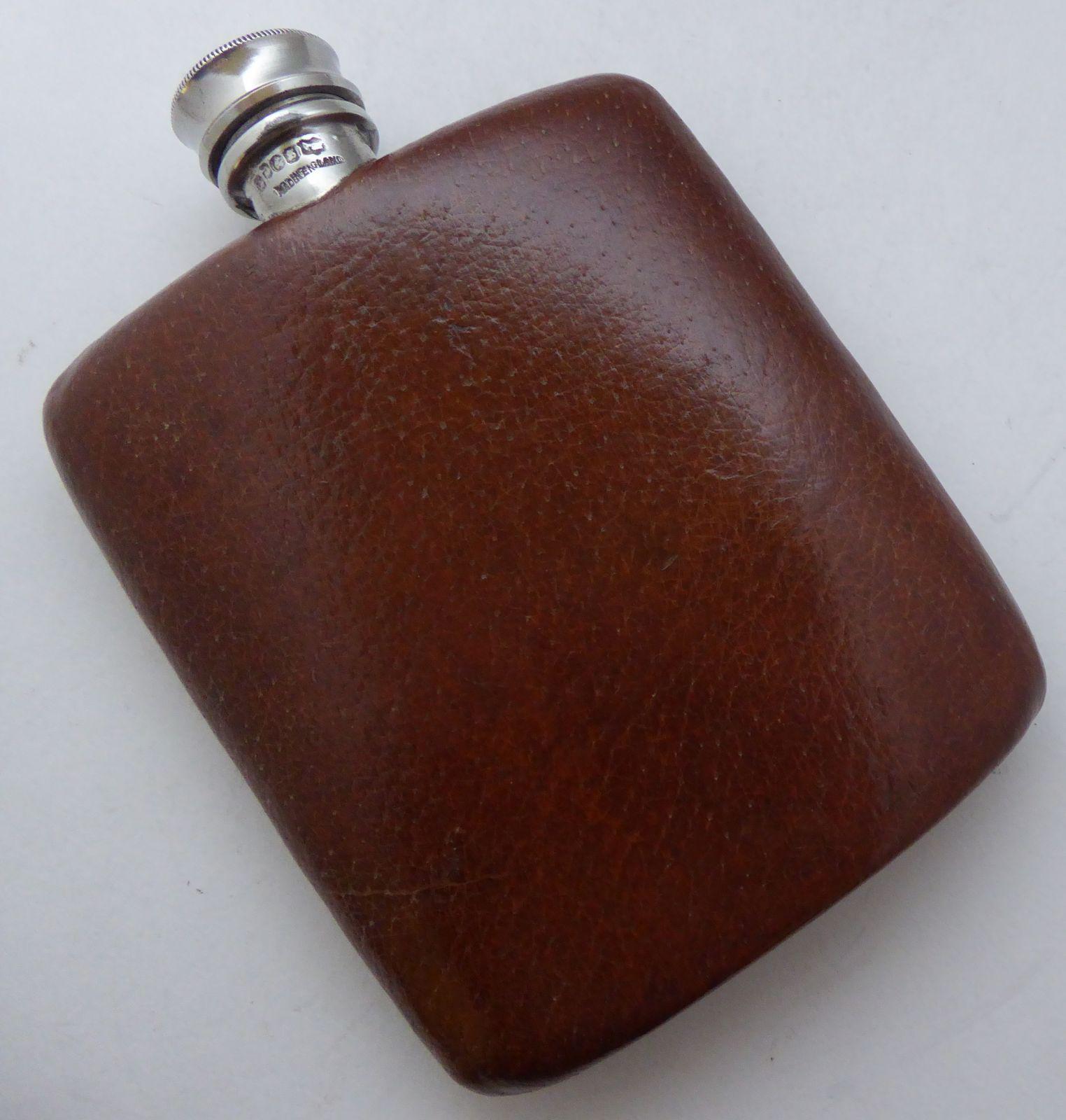 1940s James Dixon & Sons Silver Plate & Leather Hip Flask 5 Fluid Ounces (1 of 8) 1940s James Dixon & Sons Silver Plate & Leather Hip Flask 5 Fluid Ounces (1 of 8)