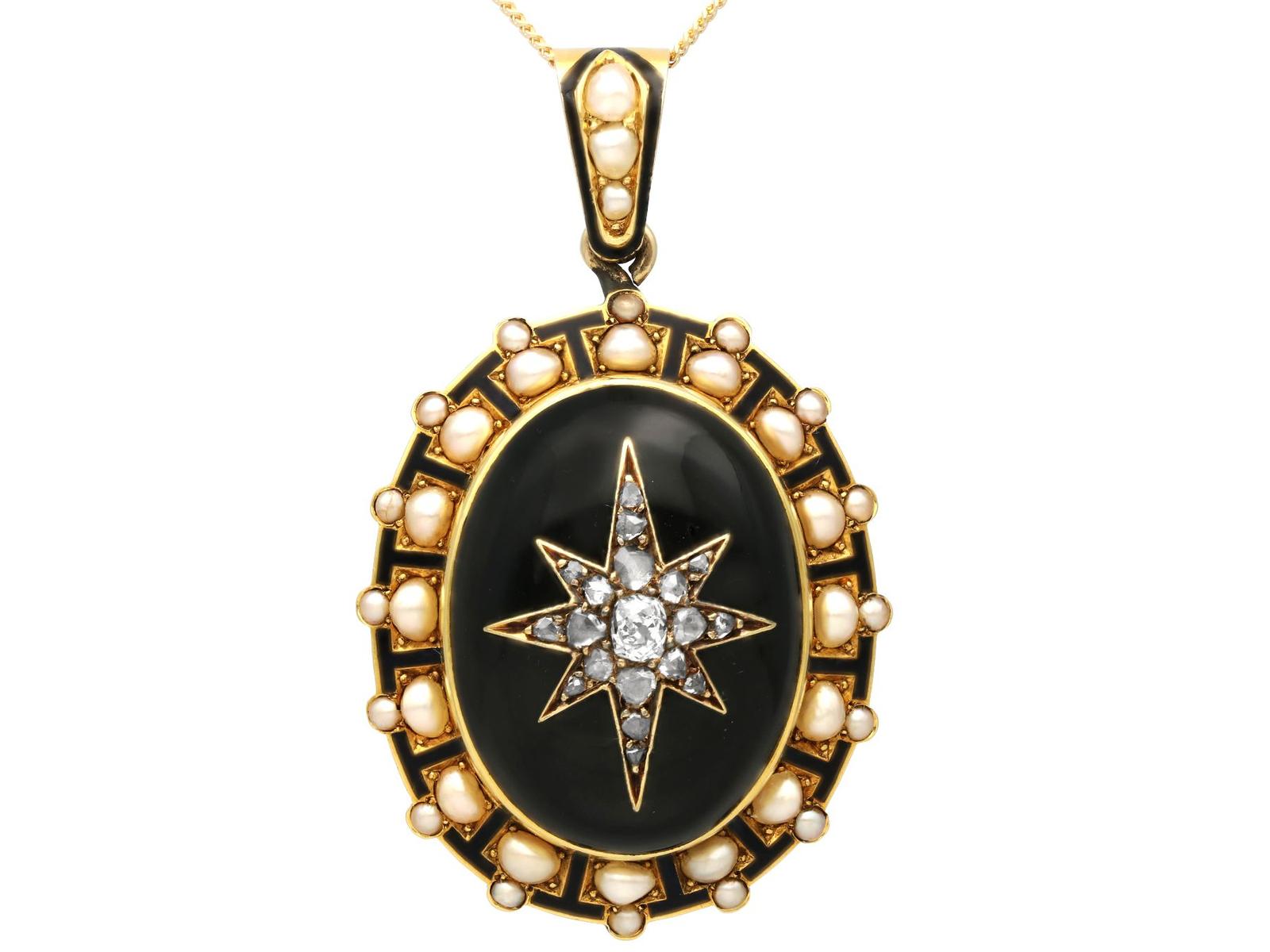 Onyx, 0.98ct Diamond, Pearl & Enamel, 18ct Yellow Gold Locket - Antique c.1880 (1 of 10)