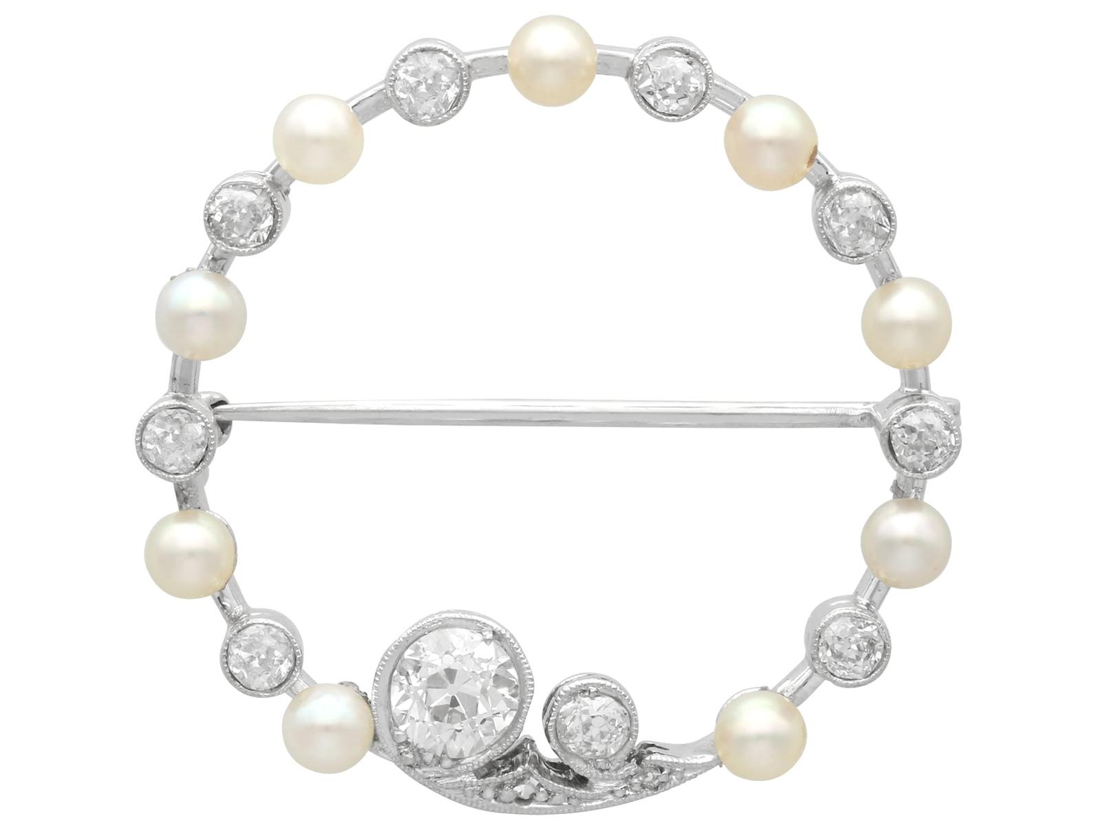 Antique Pearl + 1.18ct Diamond & 15ct White Gold Brooch c.1910 (1 of 10)