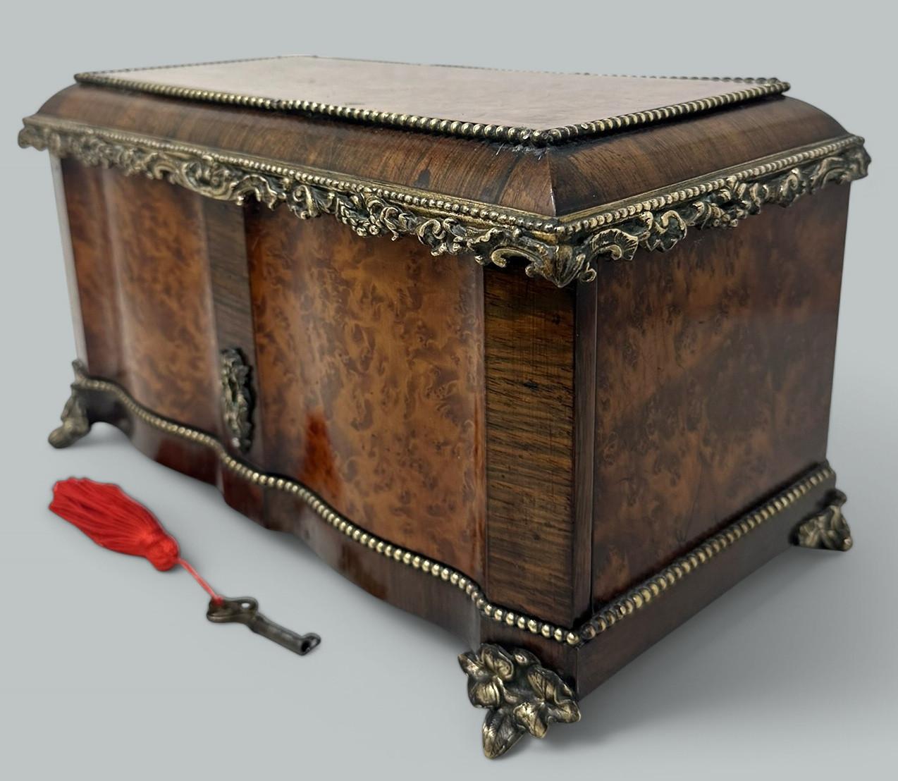Antique Bronze Burl Walnut French Jewellery Sewing Casket Silk Lined Interior 19th Century (1 of 8)