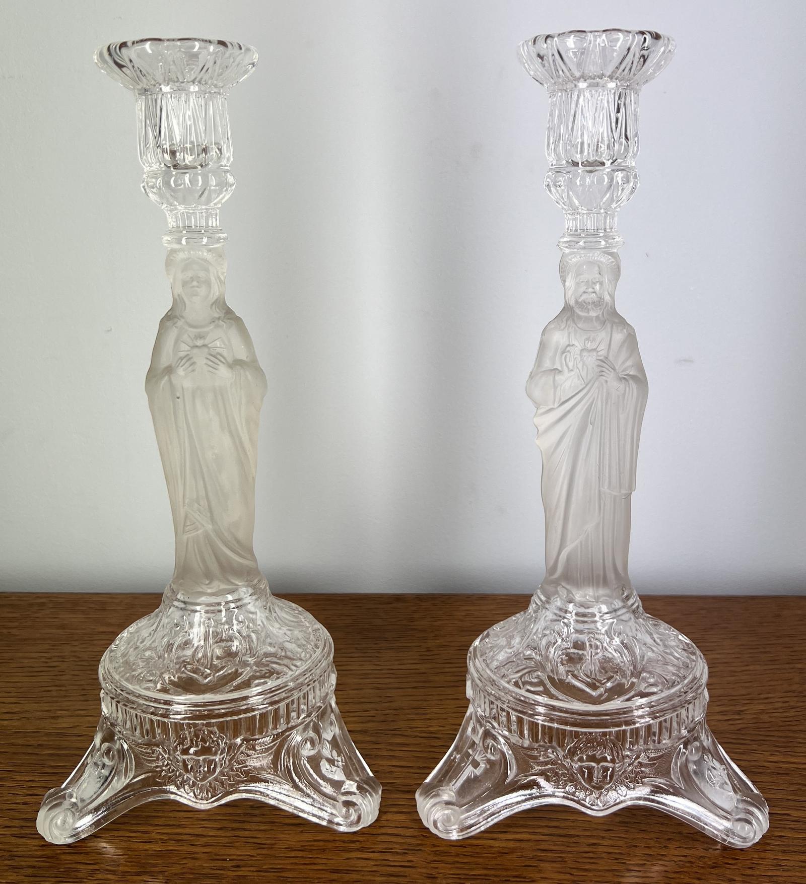 Candlesticks Pair Vintage Glass Religious Jesus & Mary Holders (1 of 15)