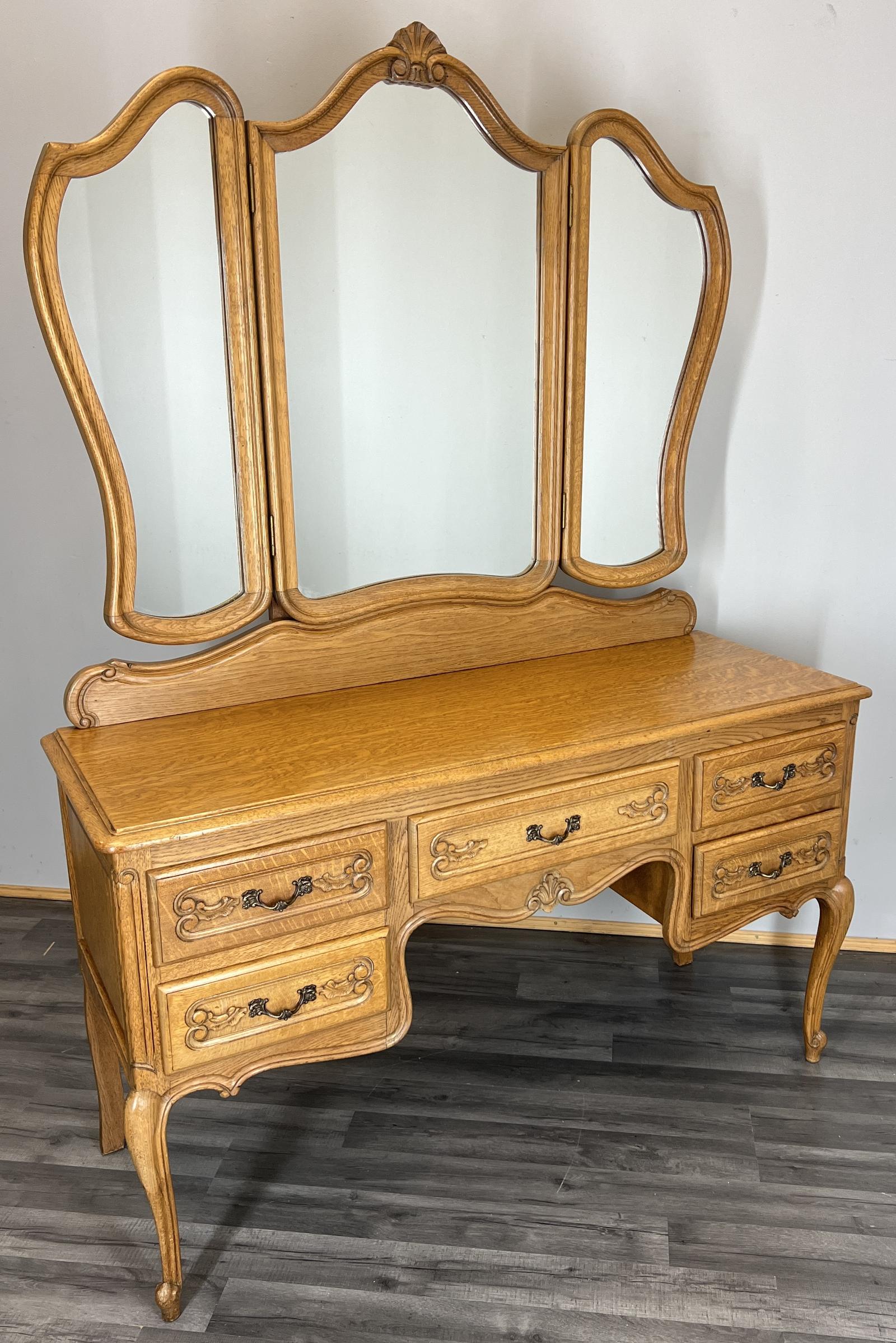 Vintage Dressing Table with Mirror French Oak Vanity Table Makeup (1 of 12)