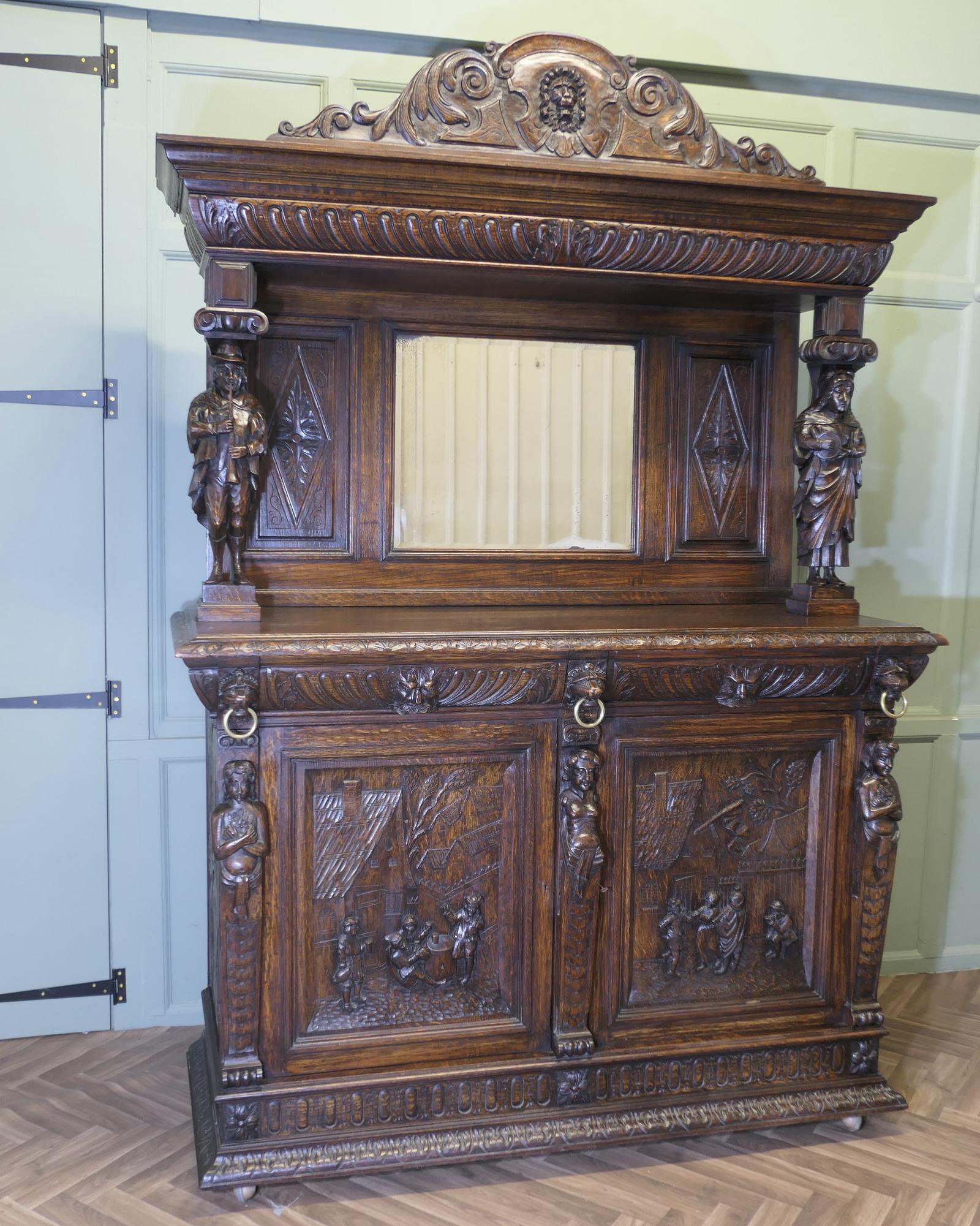 19th Century Carved Oak Mirror Back Dresser (1 of 6)