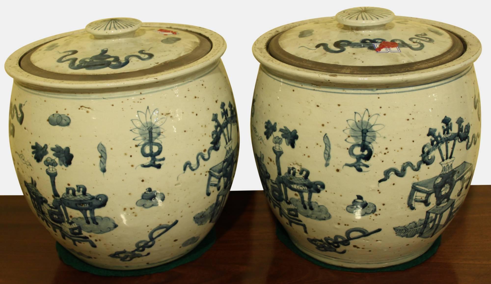 Pair of Unusual Chinese Blue & White Storage Jars (1 of 1) Pair of Unusual Chinese Blue & White Storage Jars (1 of 1)