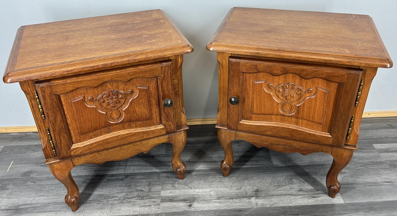 Pair of  Bedside Tables Vintage French Oak Nightstands Cabinets Carved Door (1 of 12)