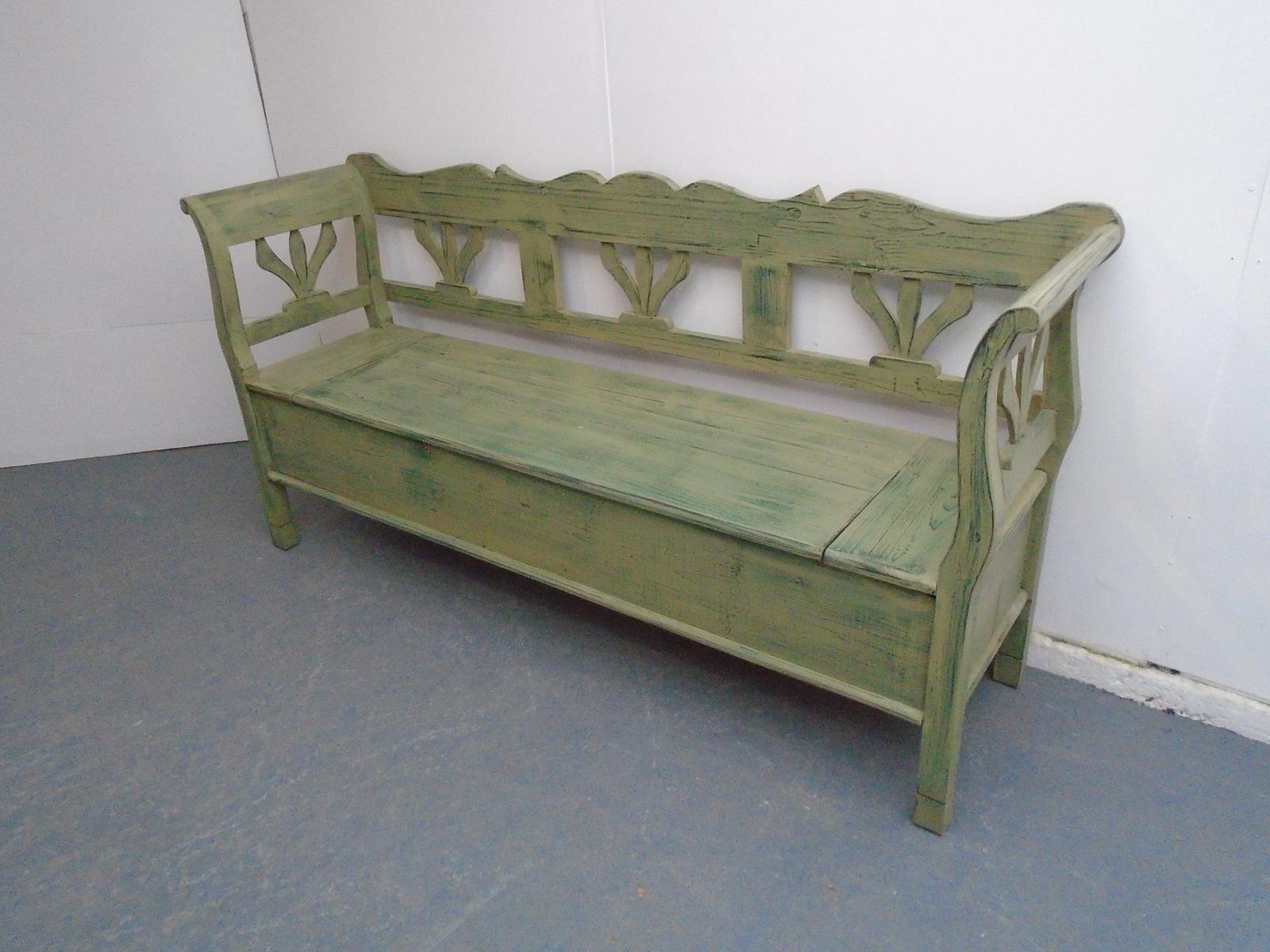 Green & Yellow Tulip Antique Pine 3 Seater Box Settle / Bench (1 of 9)