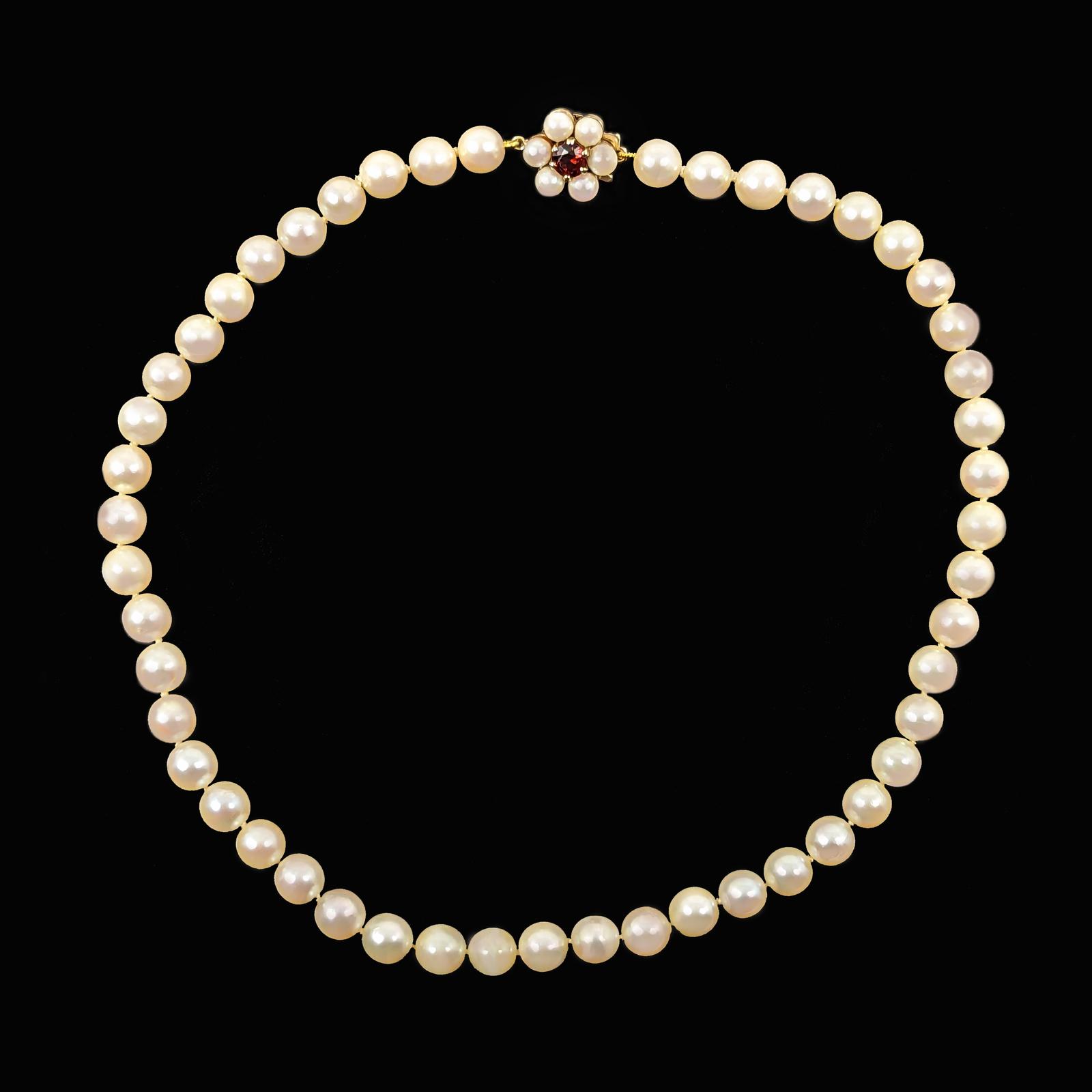 Vintage Pearl Necklace Garnet Floral Clasp 9ct Gold Single Strand Pearl Choker (1 of 7)