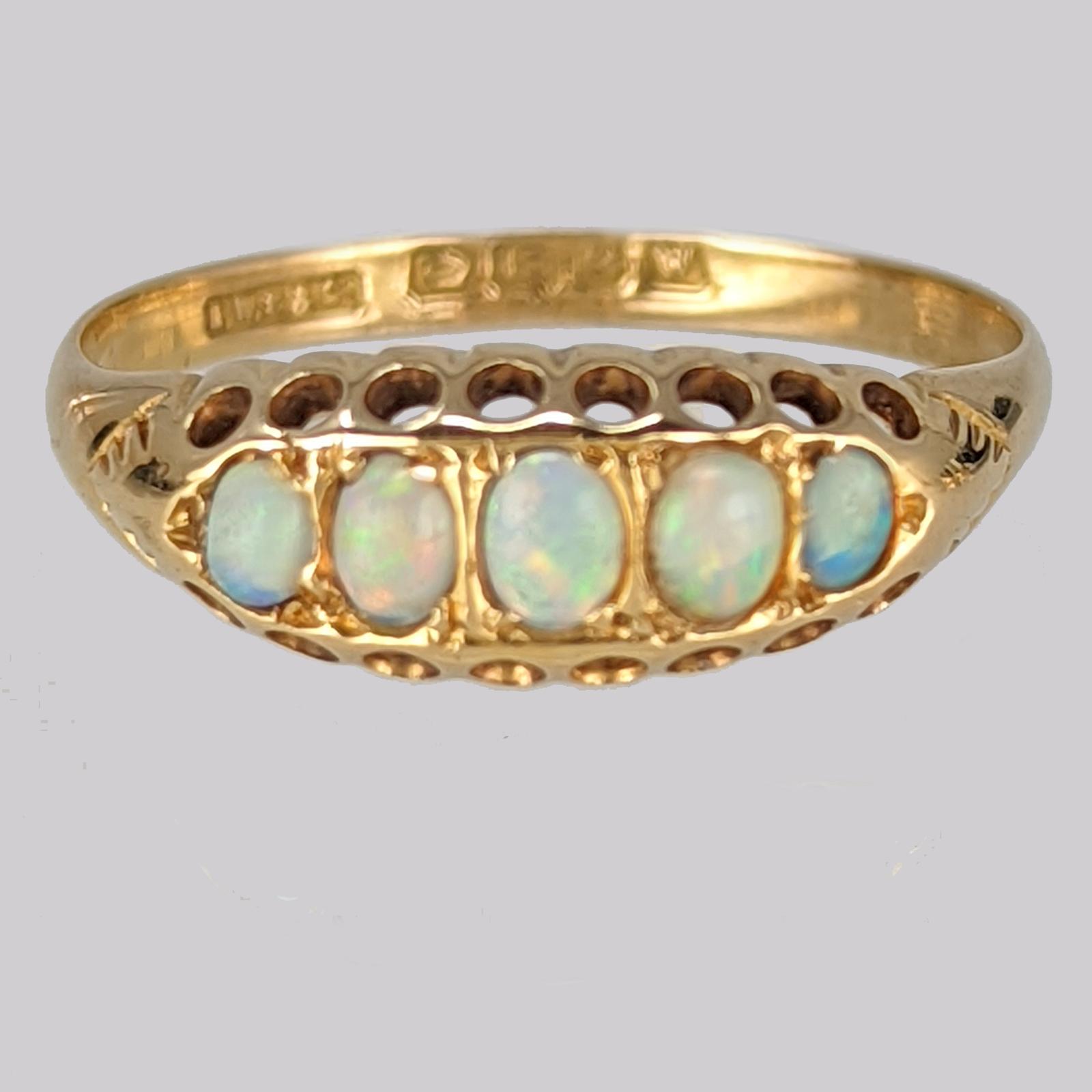Antique 18ct Gold Opal Ring Birmingham 1921 Hallmarked Five-stone Vintage Traditional Half Hoop Design (1 of 7)