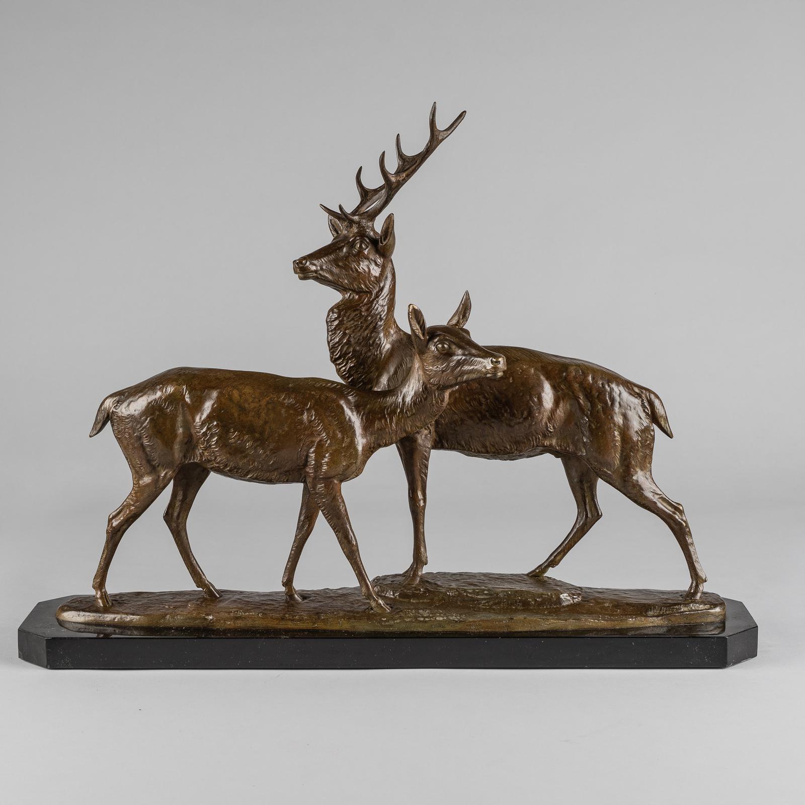 French Art Deco Bronze Sculpture of Stag & Doe Signed I. Rochard (1 of 7)