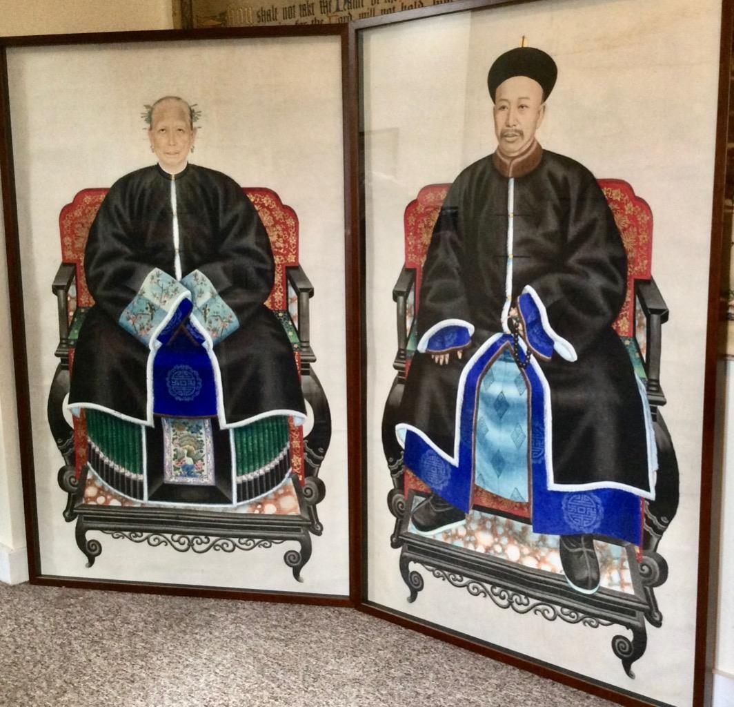 Pair Of Framed Antique Chinese Paintings Seated Husband & Wife Very Large Size (1 of 8)