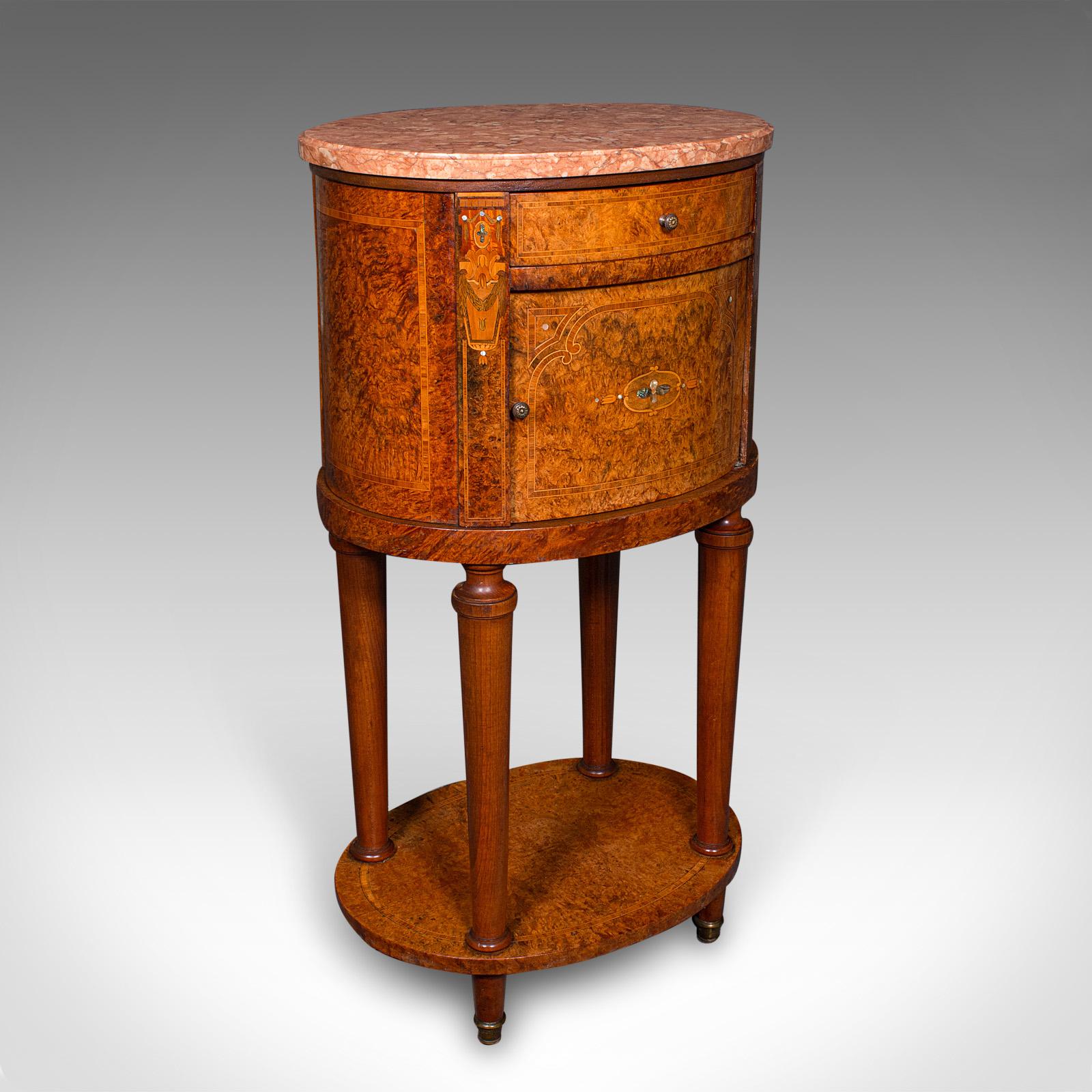 Antique Oval Bedside Cabinet, French, Amboyna, Marble, Bathroom - Victorian 1870 (1 of 12)