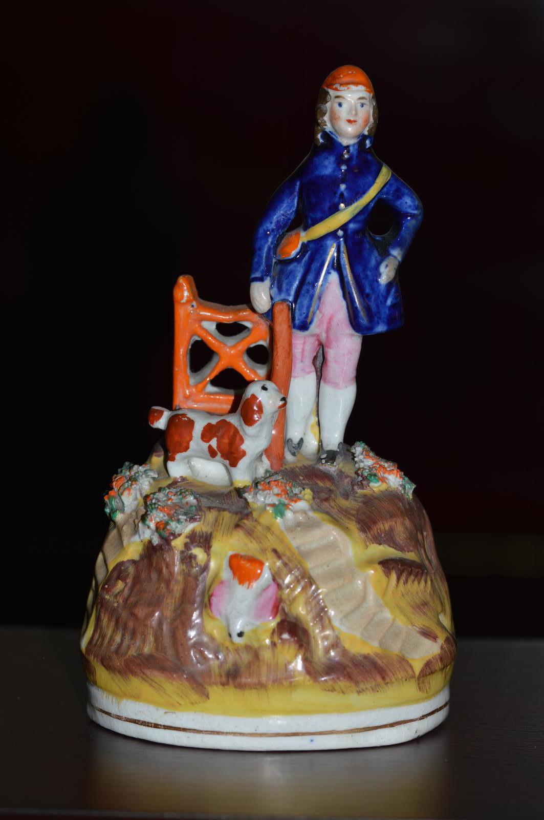 Victorian Staffordshire Figure of a Hunter with a Gun on a Small Hill c.1860 (1 of 4)