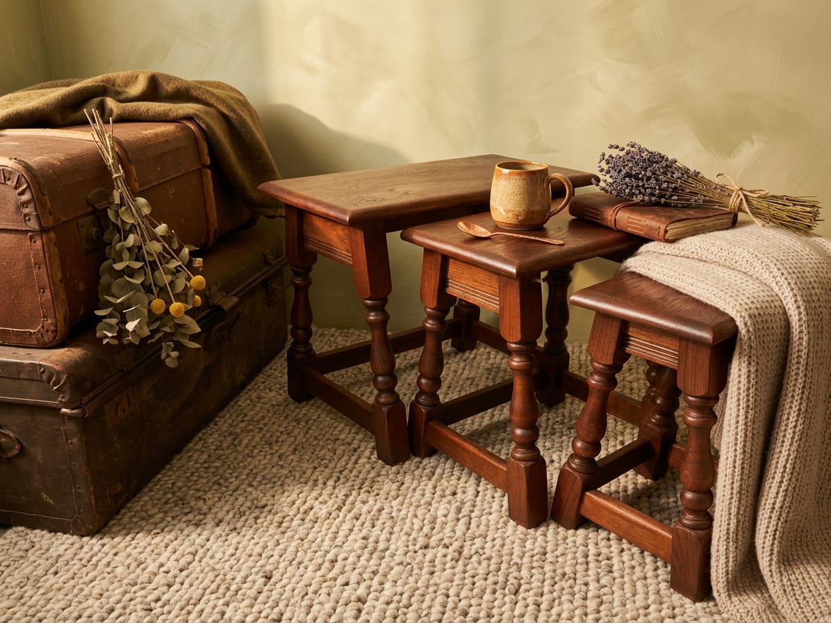 Vintage Oak Nest of Tables with Pedestal Base in Arts & Crafts Style (1 of 11) Vintage Oak Nest of Tables with Pedestal Base in Arts & Crafts Style (1 of 11)