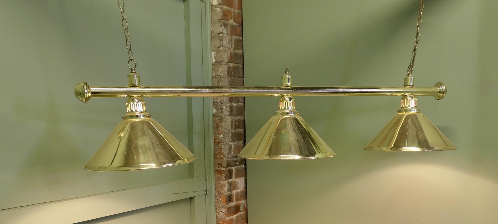 Superb Large Brass Triple Dining Table Light, Snooker Style (1 of 6) Superb Large Brass Triple Dining Table Light, Snooker Style (1 of 6)