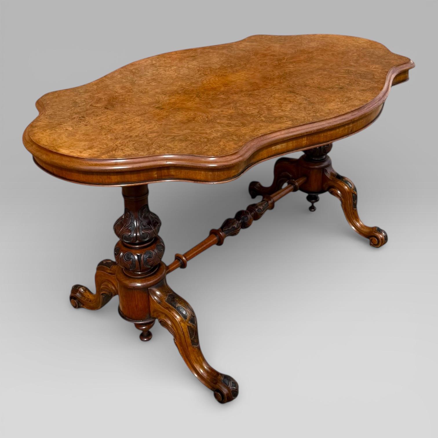 Victorian Burr Walnut Serpentine Shaped Centre Table with Carved Stretcher Legs (1 of 12) Victorian Burr Walnut Serpentine Shaped Centre Table with Carved Stretcher Legs (1 of 12)