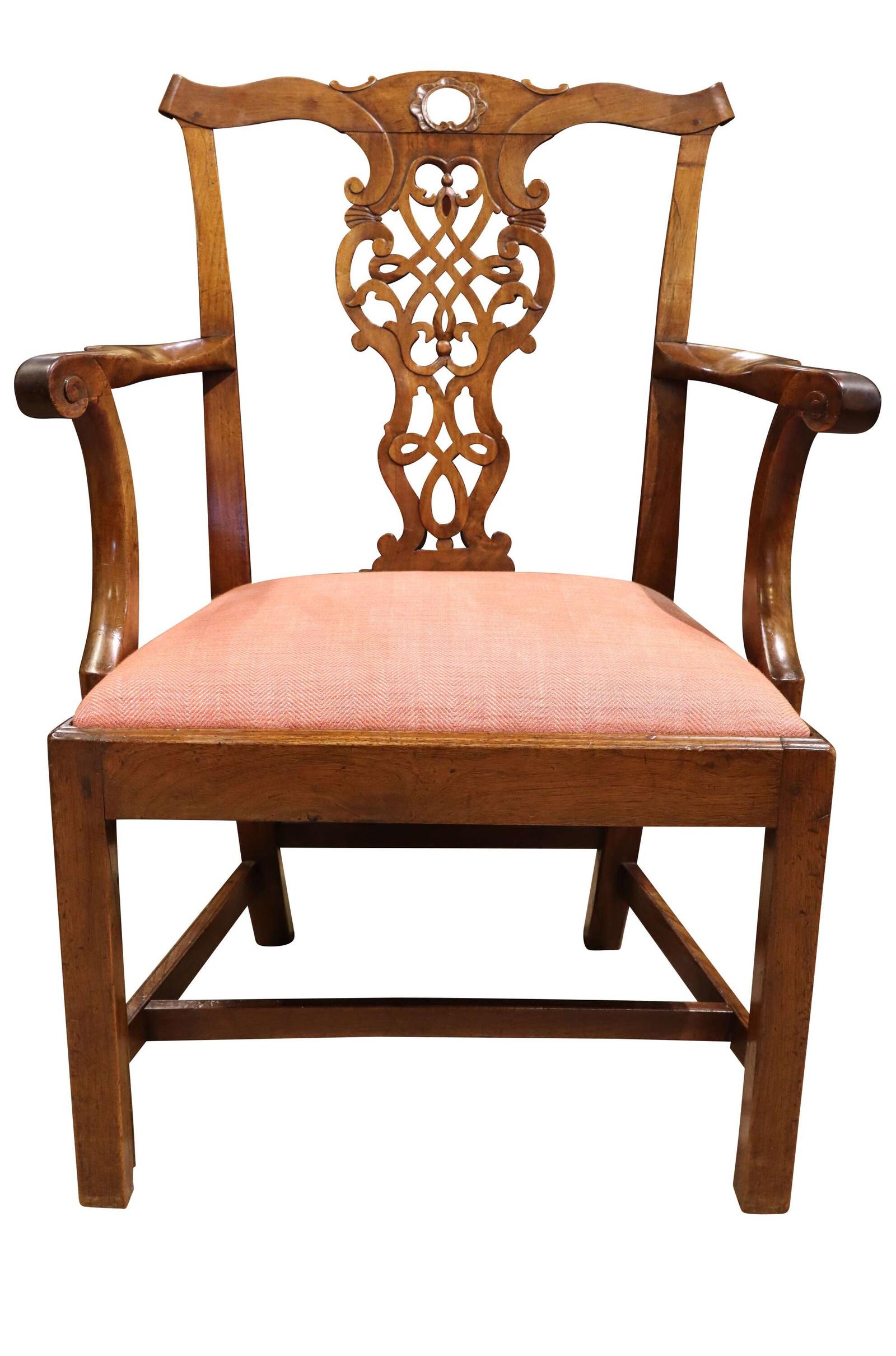 Mid 18th Century Walnut Armchair - Pierced Interlaced Splat, Scrolled Arms c.1760 (1 of 5)