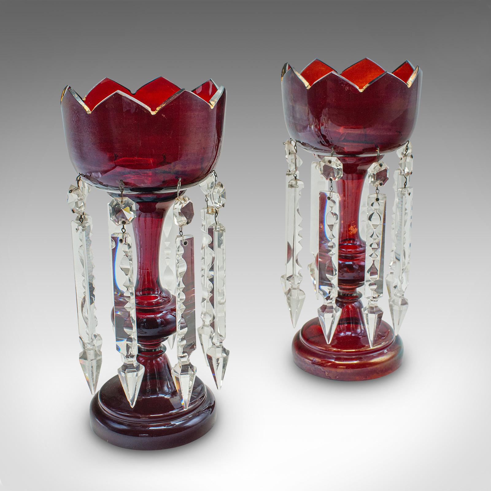 Pair of Antique Cranberry Lustres, English, Glass, Candle Lamp - Victorian c.1900 (1 of 9)