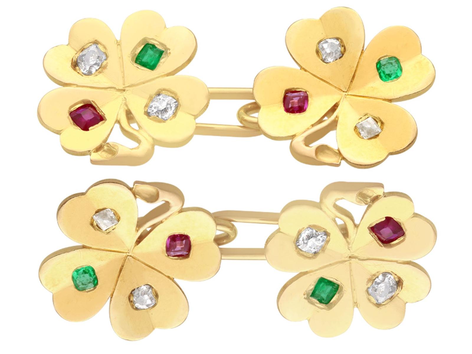 0.24ct Diamond, 0.15ct Ruby & Emerald, 18ct Yellow Gold Clover Cufflinks - Antique c.1910 (1 of 8)