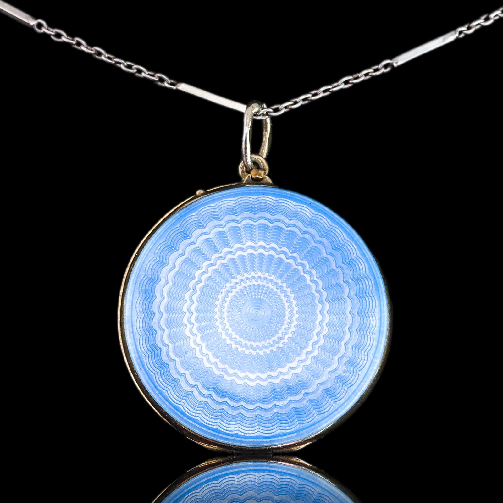Antique Norwegian Blue Guilloche Enamel Pendant Necklace with Locket - Marius Hammer c.1900 (1 of 23)