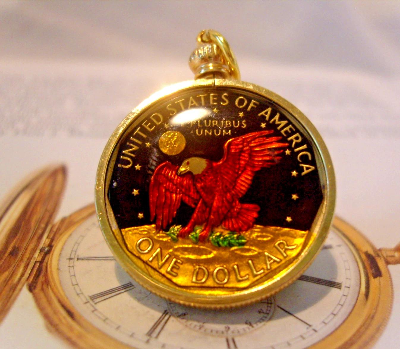 Pocket Watch Chain Coin Fob 1979 USA Gilt & Multi Enamel American One Dollar Fob (1 of 10)