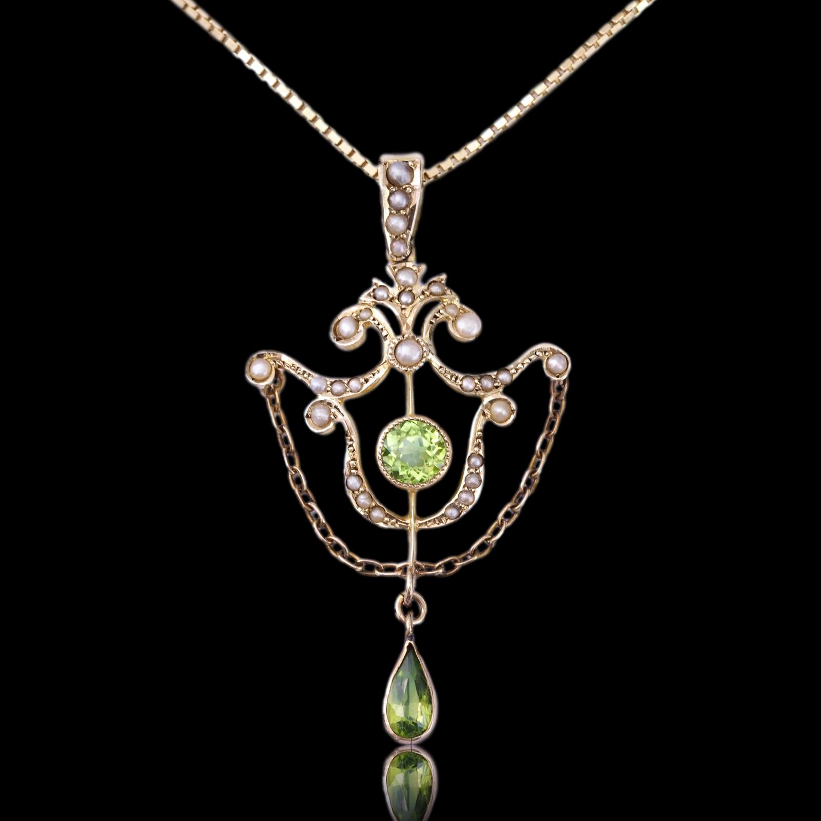 Antique Edwardian Peridot & Seed Pearl Pendant Necklace 9K Gold - 1909 (1 of 18)