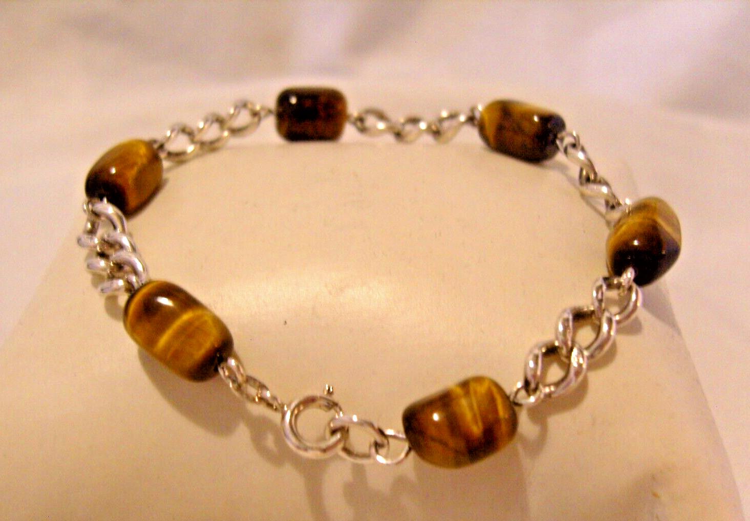 Bracelet Sterling Silver Vintage 1970s Tigers Eye Stones Curb Link 7 3/4" Length 14.4g (1 of 14)