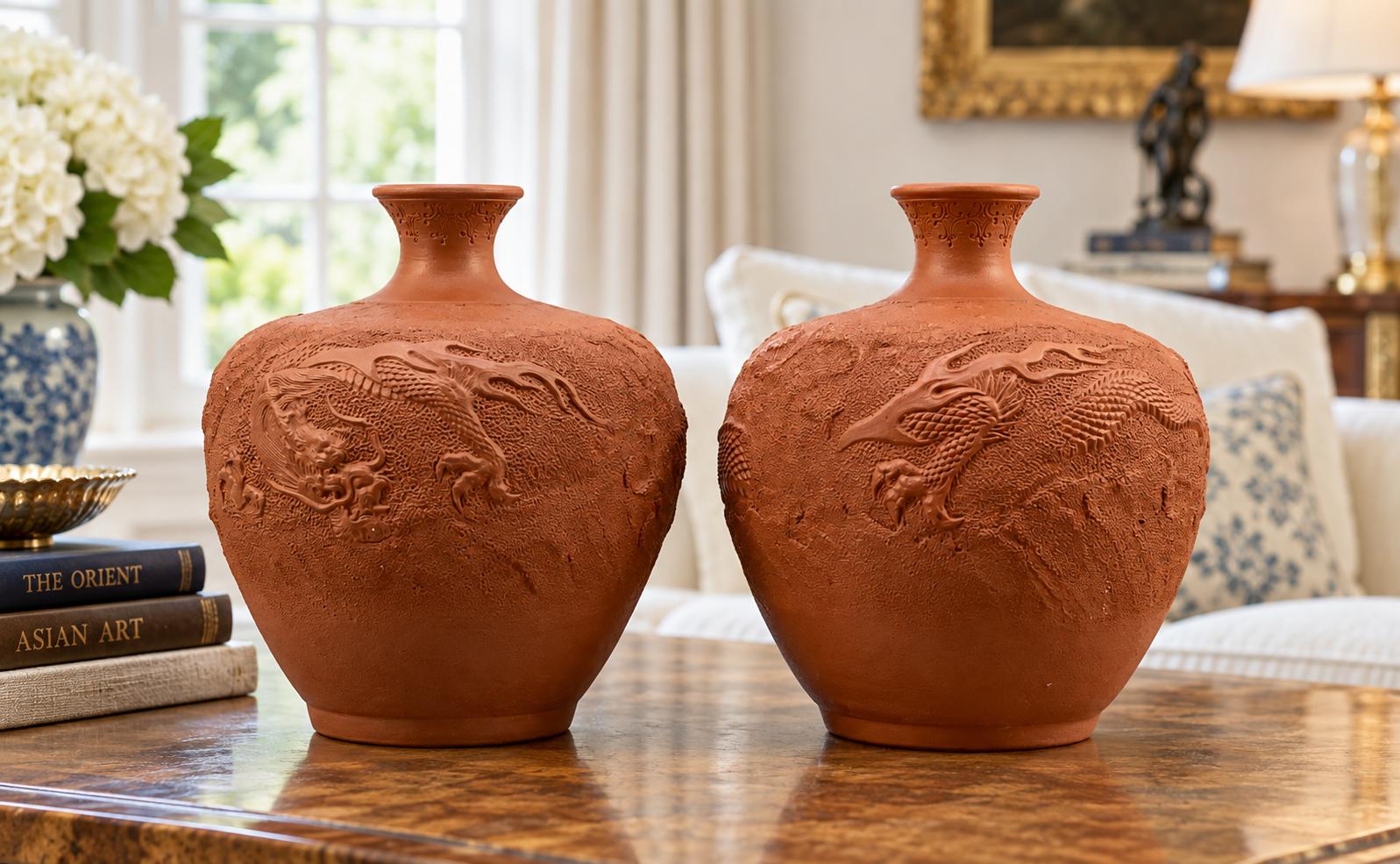 Pair Antique Japanese Tokoname Red Clay Dragon & Phoenix Vases – C.1920–30 (1 of 12) Pair Antique Japanese Tokoname Red Clay Dragon & Phoenix Vases – C.1920–30 (1 of 12)