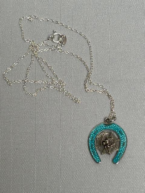 Horseshoe Silver & Enamel Pendant Necklace with Spider & Web (1 of 5)
