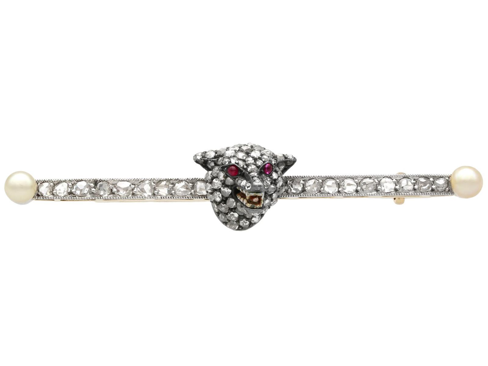 Antique 1.20ct Diamond, Pearl & Ruby, 14ct Gold & Silver Fox Brooch c.1880 (1 of 9)