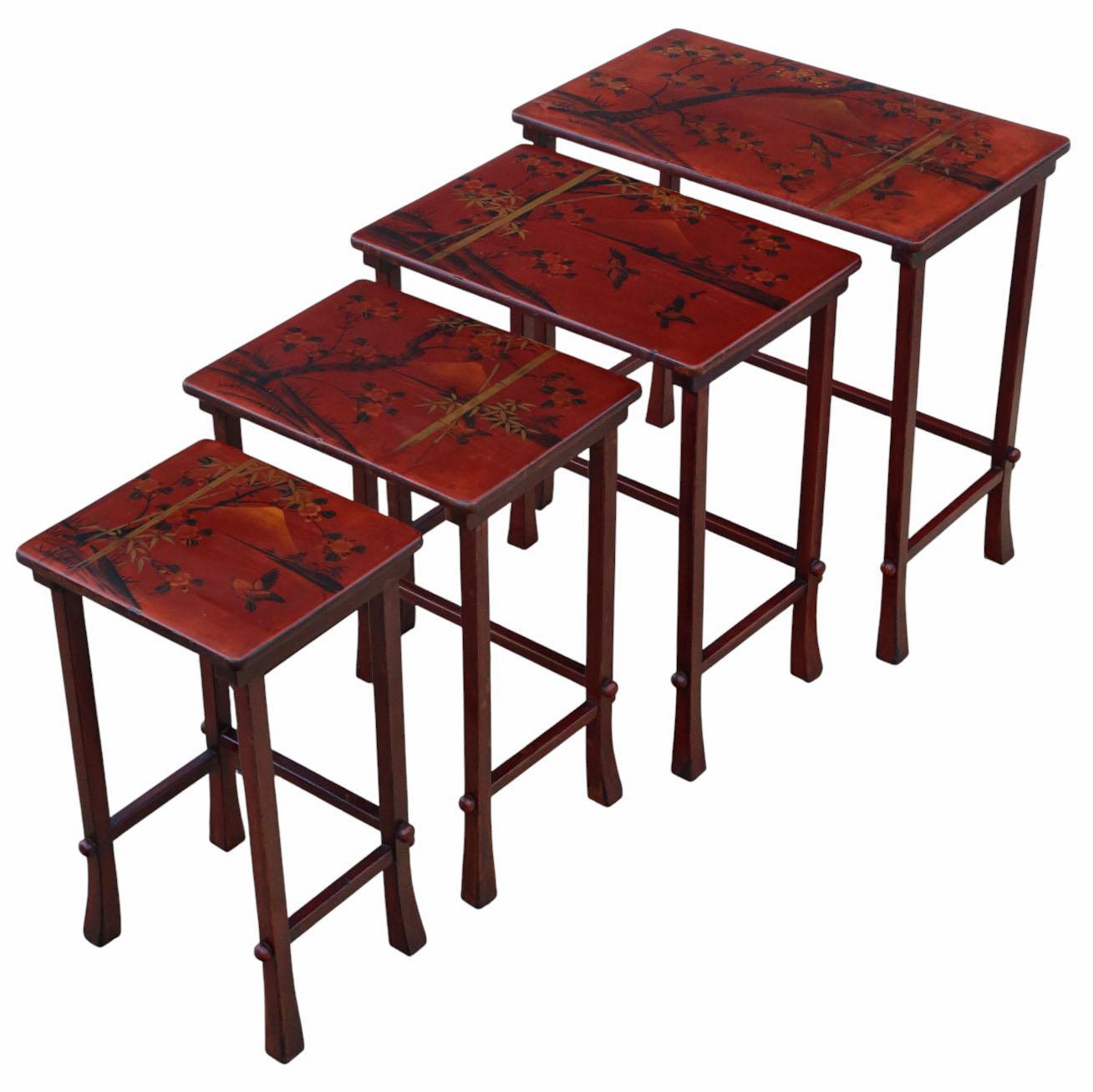 Antique c.1900 Japanese Red Lacquer Nest of 4 Side / Occasional Tables – Quality (1 of 9)