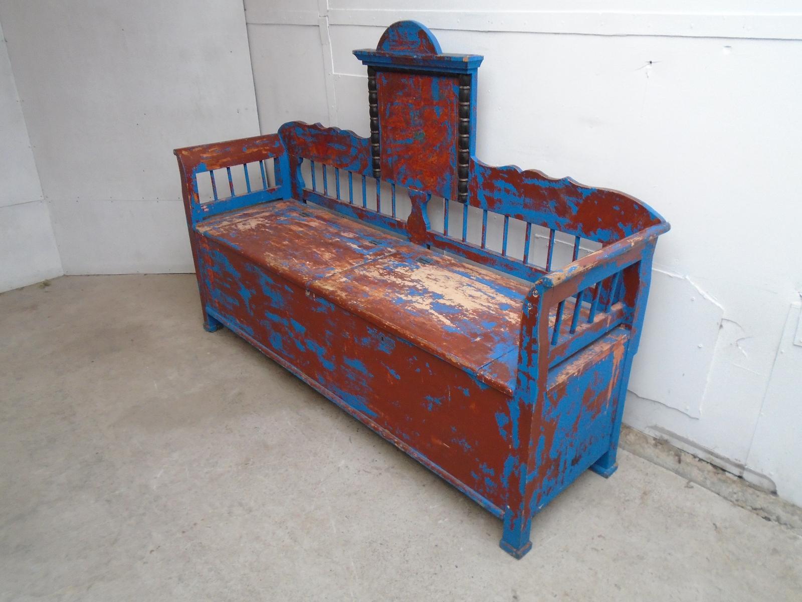 Totally Original 19th Century Painted Blue / Red 3 Seater Hungarian Bench (1 of 11)
