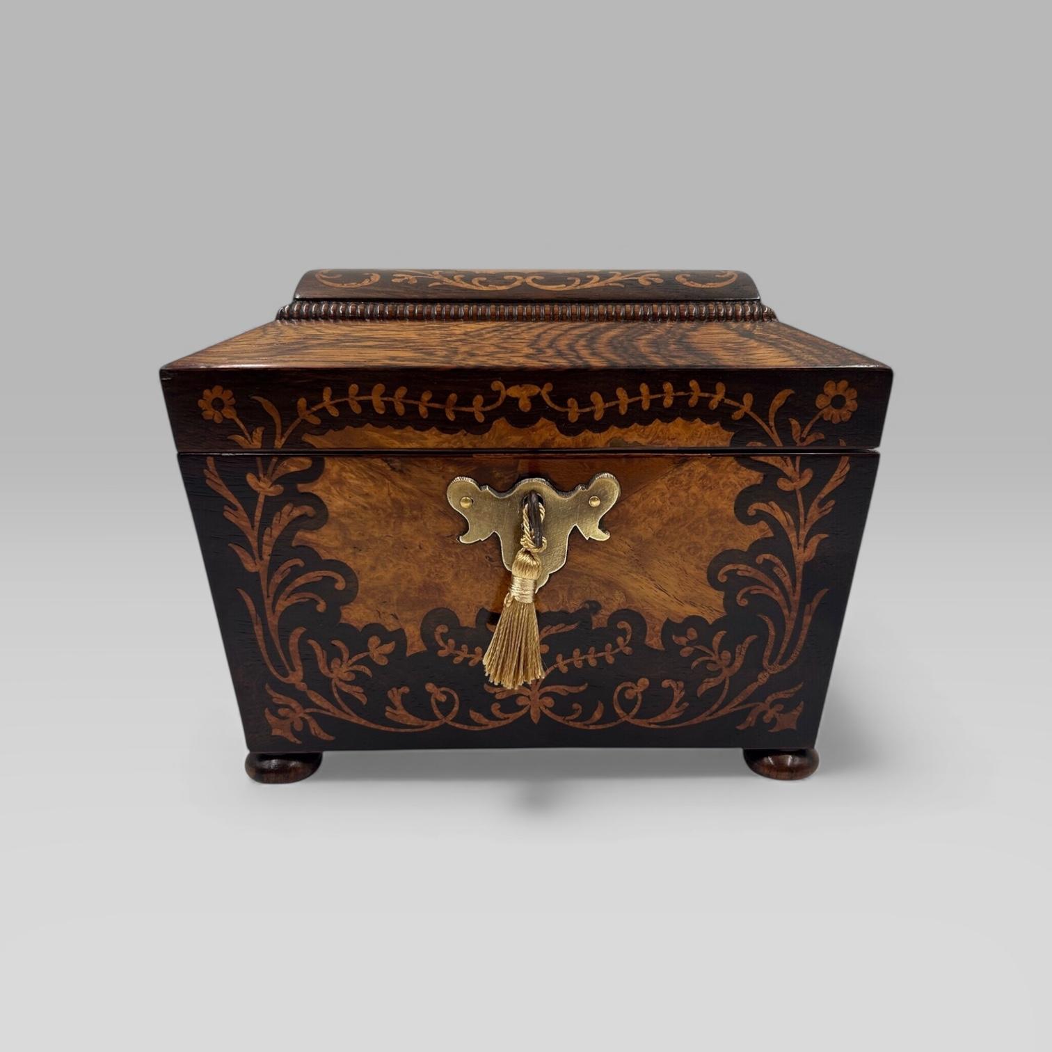 Antique Regency Rosewood Brass & Floral Marquetry Inlaid Sarcophagus Tea Caddy (1 of 9) Antique Regency Rosewood Brass & Floral Marquetry Inlaid Sarcophagus Tea Caddy (1 of 9)