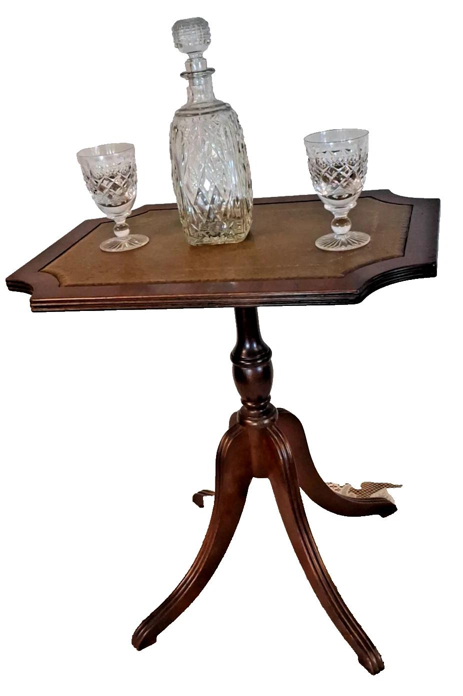 Vintage Tilt Top Wine Table with Brown Leather Inlay on Pedestal Base (1 of 7)