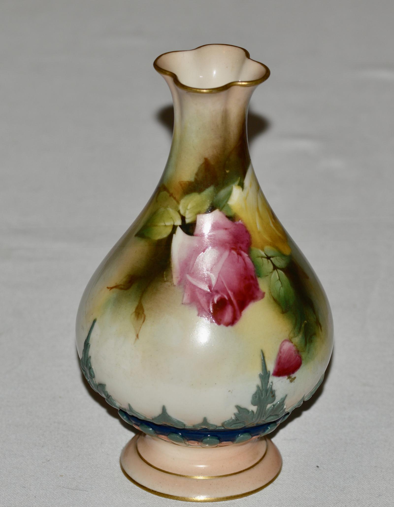 1909 Royal Worcester Hadley Porcelain Vase - Painted with Pink and Yellow Roses (1 of 5)