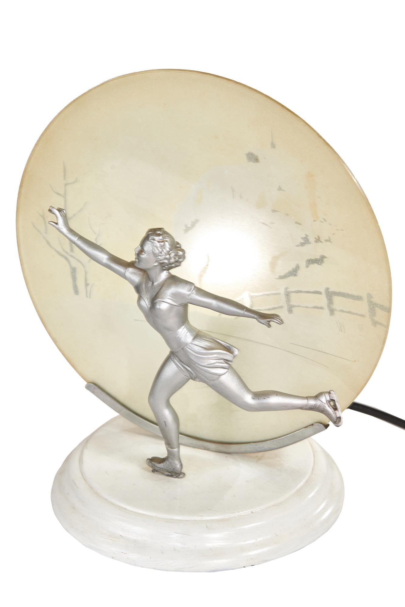 Art Deco Spelter Lady Skater Lamp with Snow Scene Painted Shade (1 of 6) Art Deco Spelter Lady Skater Lamp with Snow Scene Painted Shade (1 of 6)