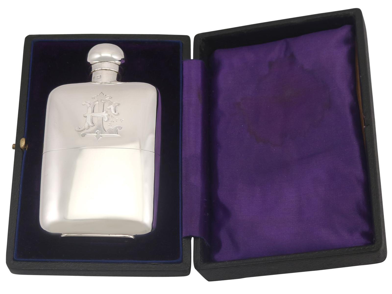 Sterling Silver Hip Flask - Boxed - Antique George V (1911) (1 of 12)