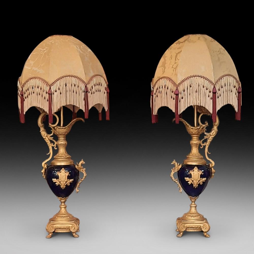 Pair of Late 19th Century Blue Glass Ornamental Ewer Lamps (1 of 9)