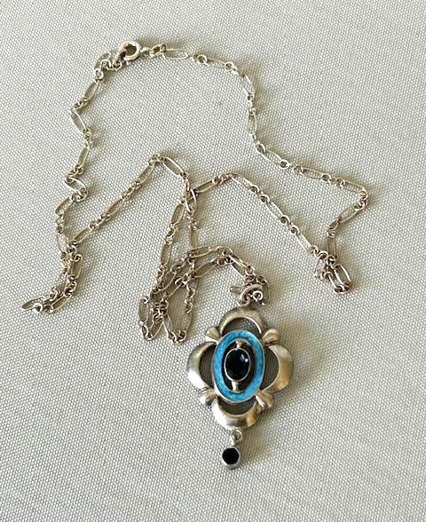 Art Nouveau Edwardian Silver Enamel & Paste Pendant Necklace (1 of 6)