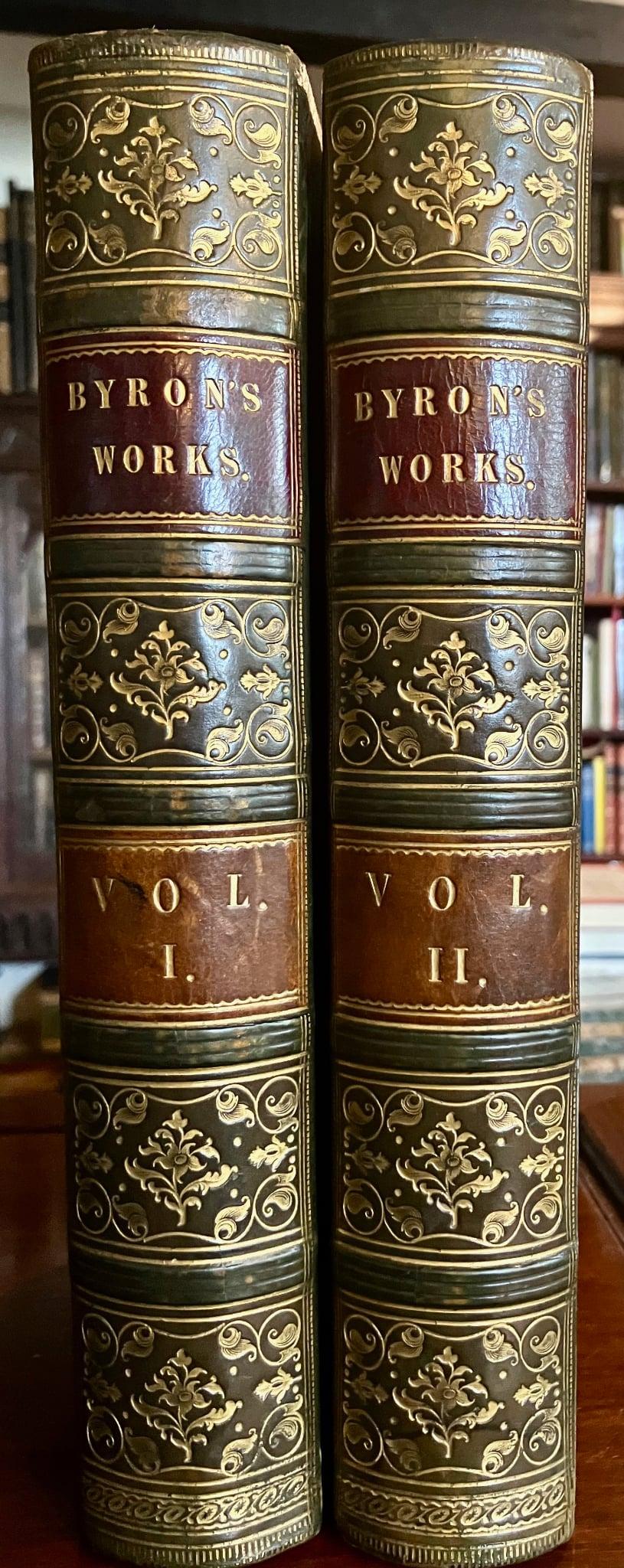 1840 Lord Byron Life & Works Green Leather Bindings 2 x Vols Numerous Engravings (1 of 6)