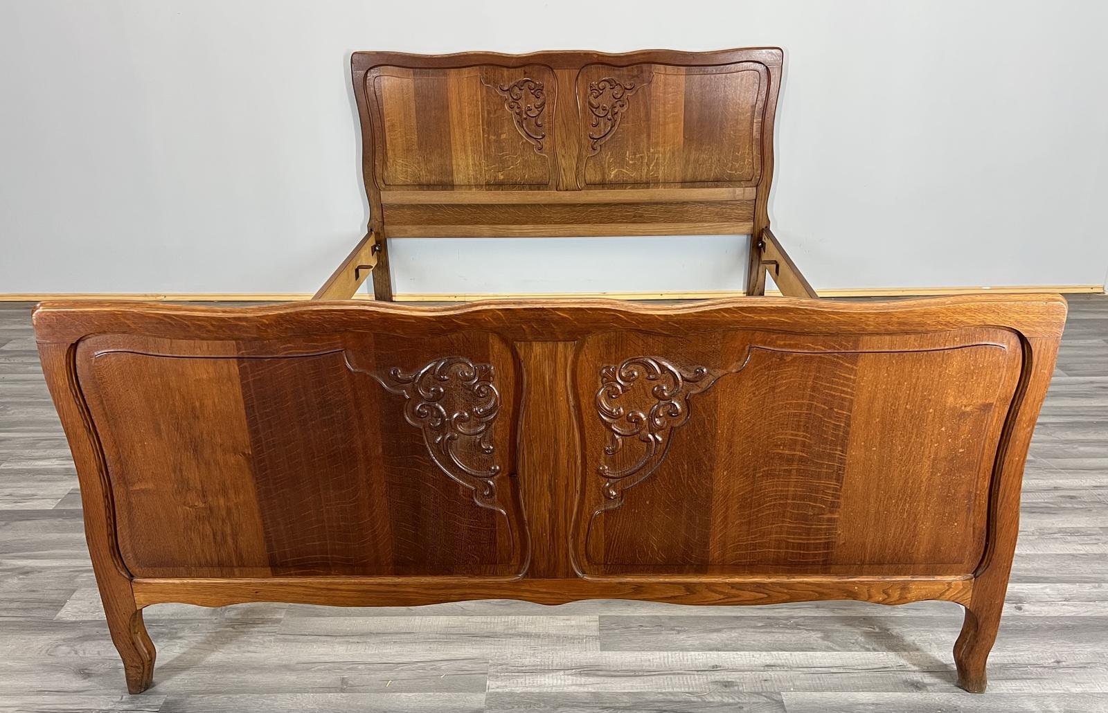 Bed - Vintage French Double Bed Frame Oak Carved Headboard (1 of 7)