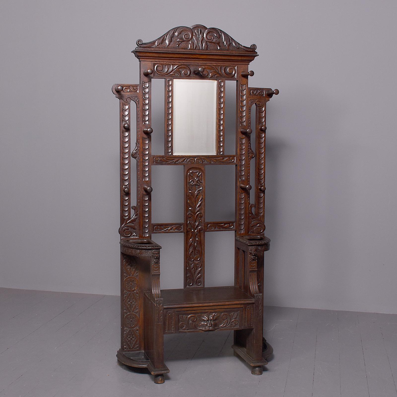 Attractive Flemish Carved Oak Hallstand / Hall Bench (1 of 10)