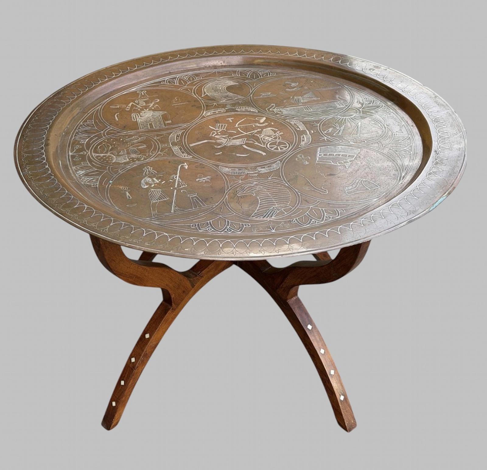 Egyptian Revival Engraved Copper Tray Table on Stand (1 of 8) Egyptian Revival Engraved Copper Tray Table on Stand (1 of 8)