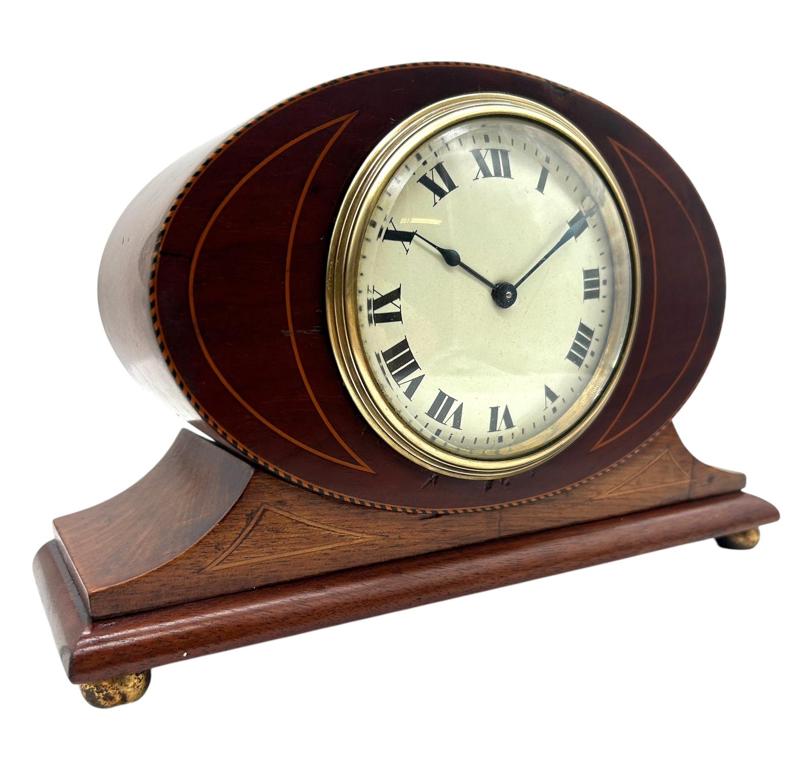 Antique Edwardian Inlaid Mahogany Oval Balloon Table / Mantle Clock with Satinwood String Inlay, Vintage Mechanical Timepiece, Brass Bun Feet c.1905 (1 of 9) Antique Edwardian Inlaid Mahogany Oval Balloon Table / Mantle Clock with Satinwood String Inlay, Vintage Mechanical Timepiece, Brass Bun Feet c.1905 (1 of 9)