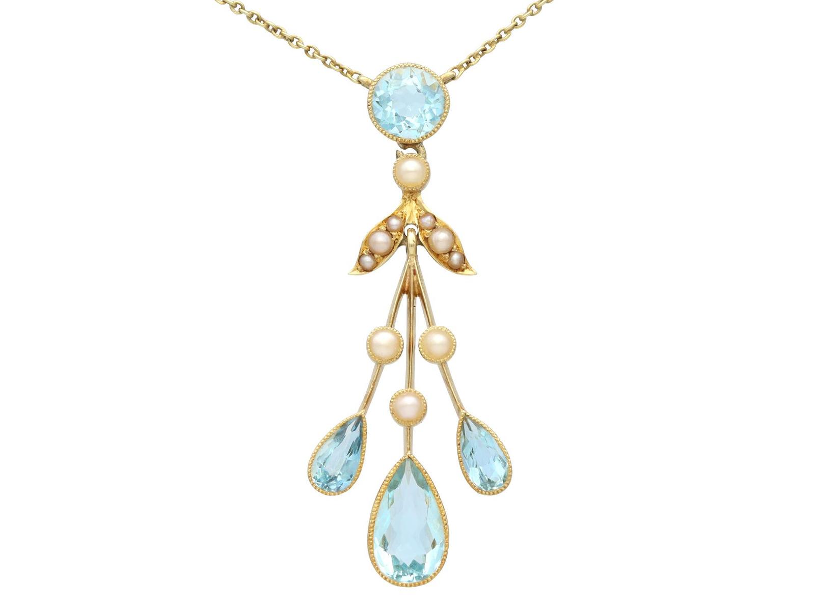 Antique 2.90ct Aquamarine & Seed Pearl 15ct Yellow Gold Pendant c.1910 (1 of 9)