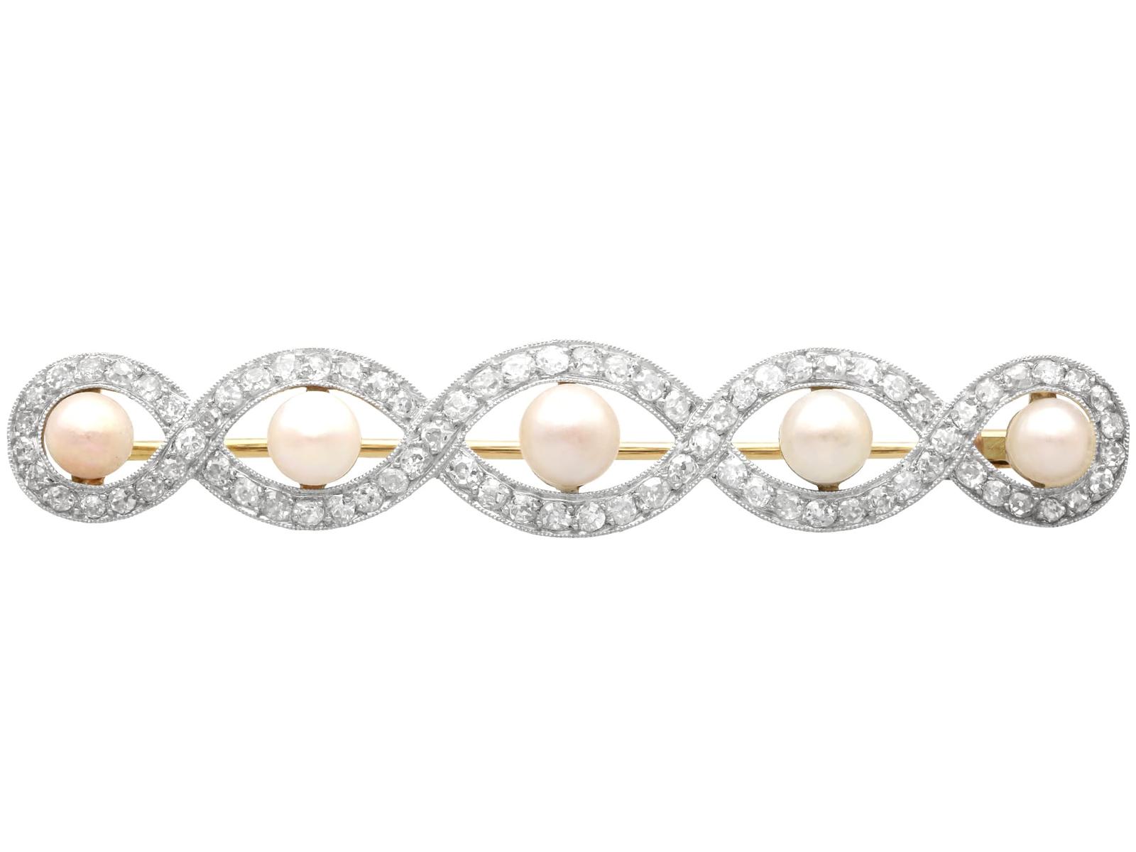 French Natural Pearl & 3.10ct Diamond 15ct Yellow Gold Brooch c.1930 (1 of 10)