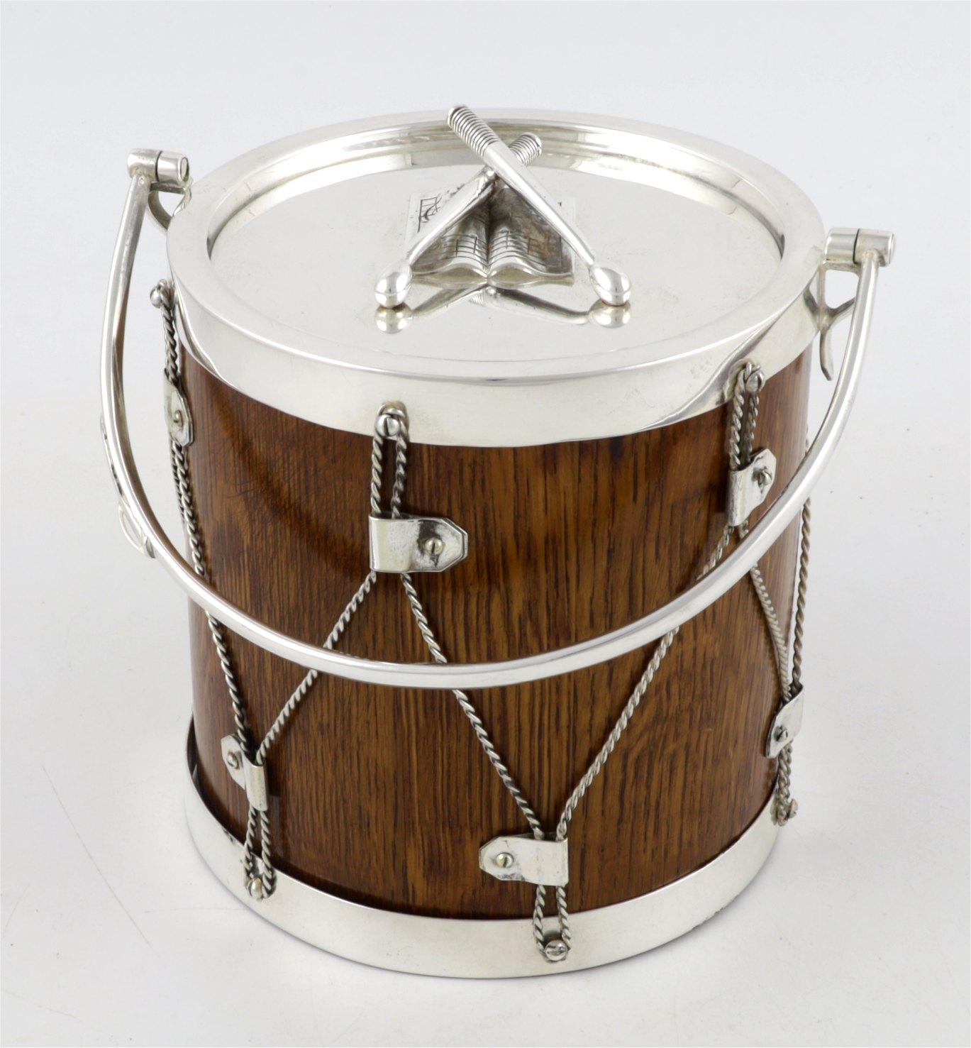 English Oak & Silver Plate Military Drum Ice Pail - Wood Drum Ice Bucket (1 of 16) English Oak & Silver Plate Military Drum Ice Pail - Wood Drum Ice Bucket (1 of 16)