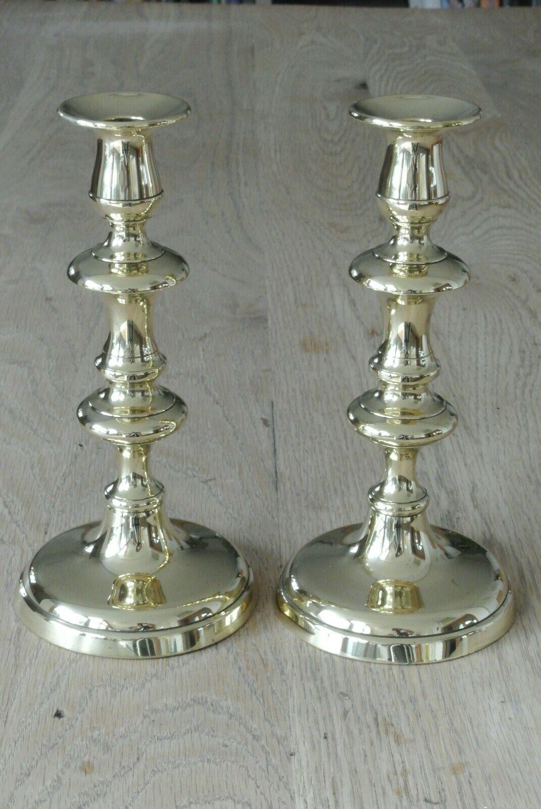 Pair of Victorian Brass Candlesticks c.1840-1860 Round Base Through Pushers 10" (1 of 6)