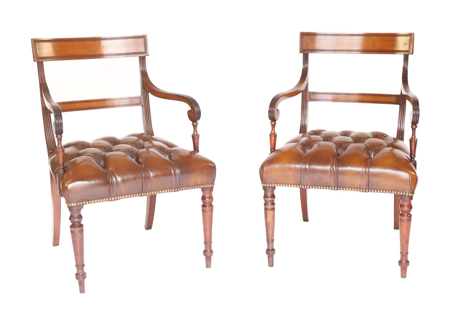 Pair C19th Mahogany & Leather Elbow Chairs (1 of 7)