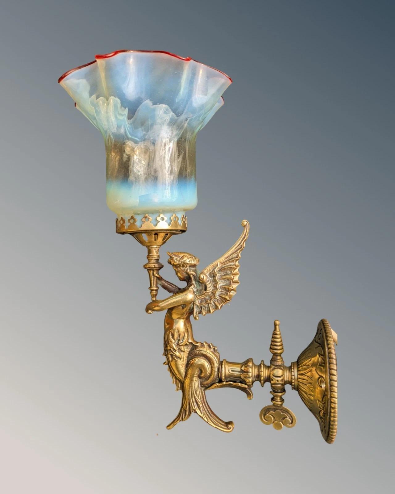 Stunning Victorian Brass Lamp Wall Light Winged Memaid (1 of 11)